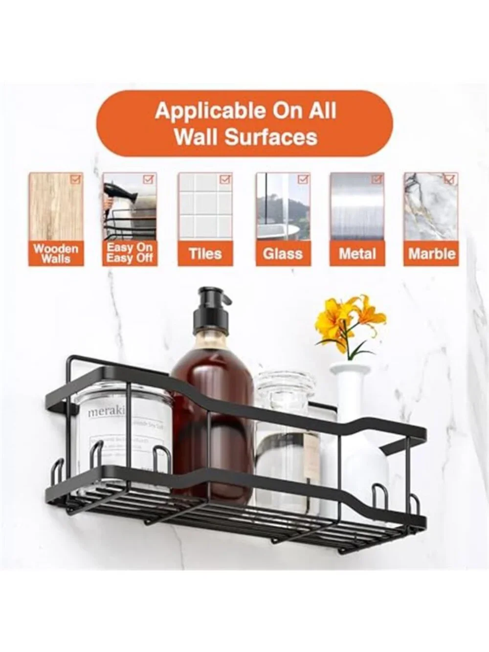 Black Shower Caddy Organizer Adhesive No Drill Stainless Steel Bathroom Shelf